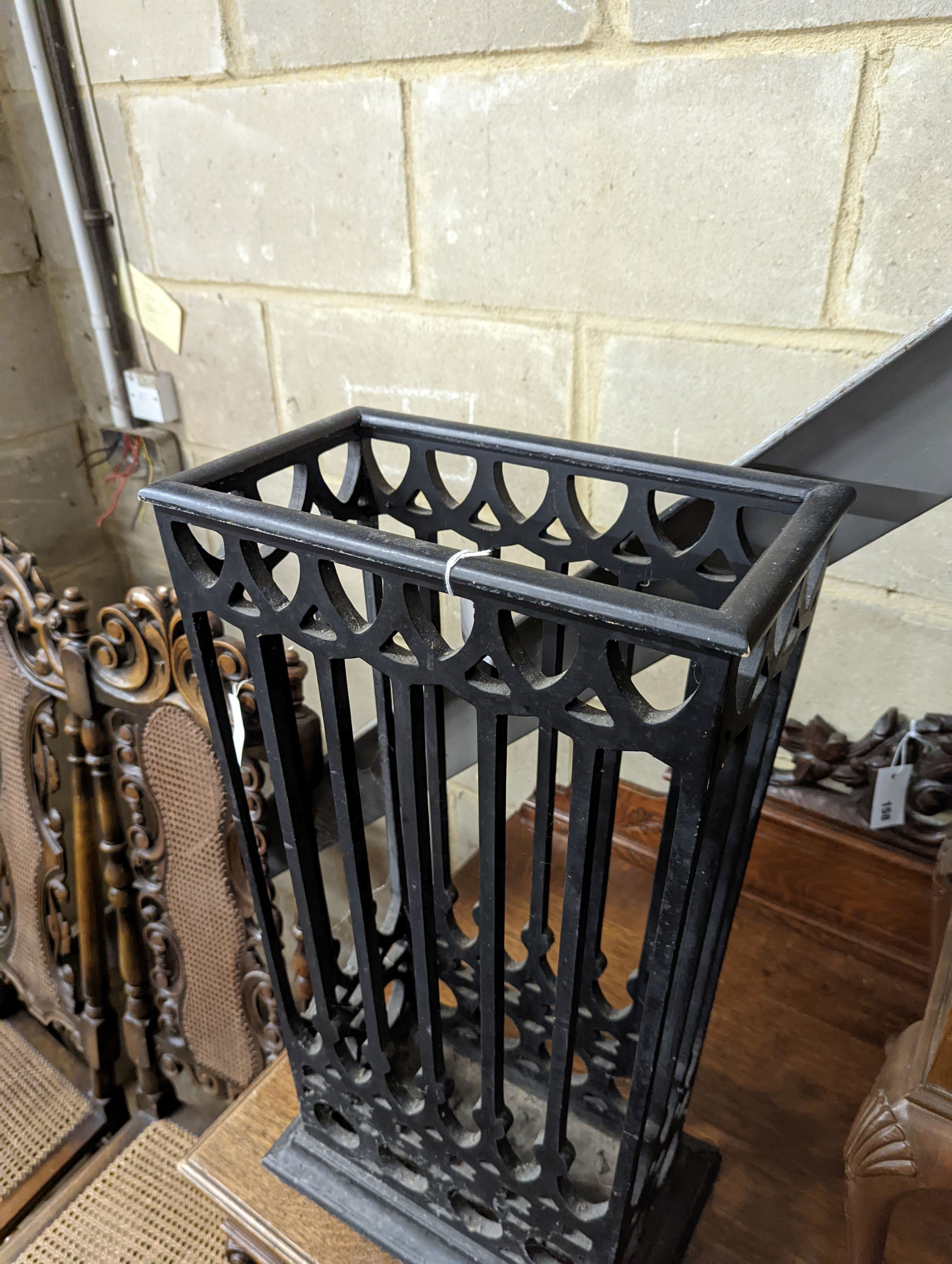 A painted gothic revival fretwork stick stand, width 36cm, depth 21cm, height 65cm